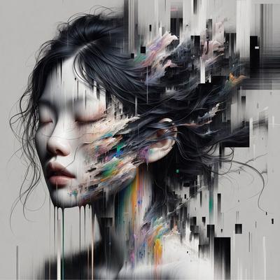 The primary subject of the image is a woman with a unique and artistic appearance. She is wearing a colorful and abstract design on her face, which gives her a striking and creative look. The setting is a close-up of her face, and the visual style is a combination of digital art and illustration. The colors and mood of the image are vibrant and lively, with a focus on the woman's striking facial design.